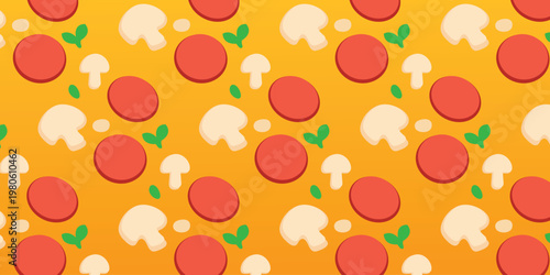 Background illustration of pizza design and toppings. Meat and mushroom pizza pattern texture motif