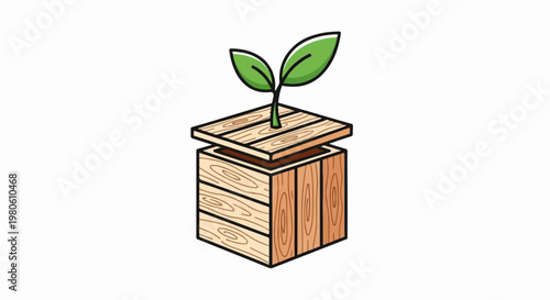 A small sprout emerges from a wooden box