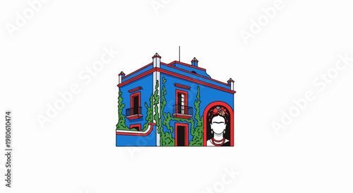 Blue Mexican house with red trim, vines, and a portrait of a woman