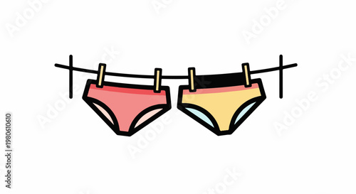 Two pairs of colorful briefs hang from a clothesline, secured by clips