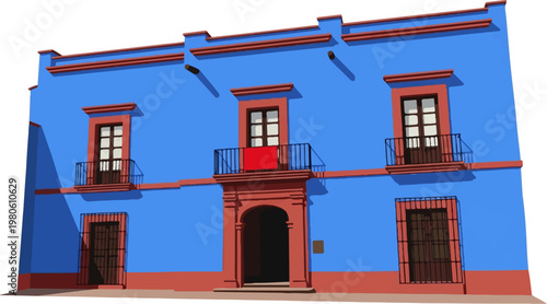 Stylized blue building with red accents, featuring windows, balconies, and an arched entryway