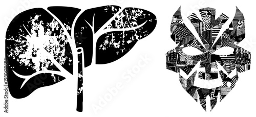 Graphic representation of lungs and liver with tribal mask, medical art, anatomical symbol, black and white vector design, health awareness.