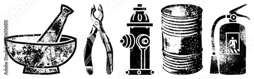 Mortar and pestle, wire cutters, fire hydrant, oil drum, fire extinguisher classic tools and safety gear with gritty, weathered vector design.