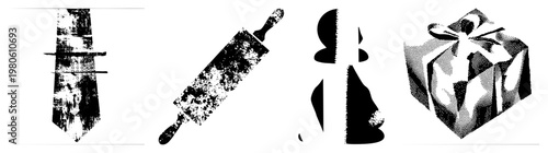 Retro rolling pin, tie, abstract shapes, gift box with bow, halftone, graphic design elements, stylized kitchenware.