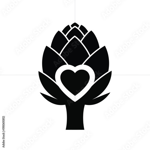 Artichoke Heart's Silhouette: A striking silhouette of an artichoke heart, the centerpiece of the artwork, intricately crafted, with a heart shape at its core, symbolizes nature's core