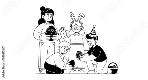 Joyful children celebrating easter traditions, holding decorated eggs and wearing festive bunny ears and party hats, conveying happiness and togetherness during springtime