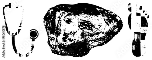Black and white vector stethoscope for healthcare, textured stone relic, fragmented footprint symbol. Halftone style, isolated foreground elements.