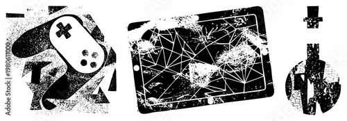 Stylized gaming with distressed textures, digital device with shattered glass effect, classic gear, vector, pixel art aesthetic, black and white graphic elements.
