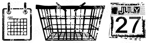 Vintage style calendar with “JUNY” and “JULY 27” text, empty shopping basket, distressed ink texture, retro date markers, graphic design element.