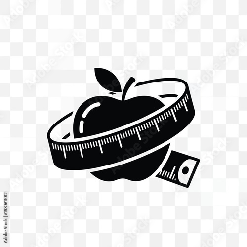 Apple's silhouette with measuring tape: An image that subtly conveys a focus on diet and well-being. A single apple, enfolded by a measuring tape, suggesting concepts of health.