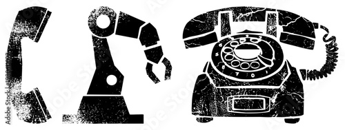 Stylized black and white vector of rotary phone, robotic arm, and receiver handset with distressed texture, isolated graphic elements, industrial design, retro tech, mechanical aesthetics.