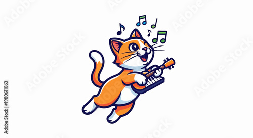 A joyful cartoon cat plays a keyboard and guitar, surrounded by musical notes