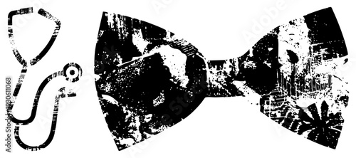 Black and white vector stethoscope and bow tie with grunge texture, medical and formal wear symbols, halftone aesthetic, isolated design elements.