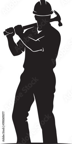 Black silhouette of a man in a hard hat holding a sledgehammer