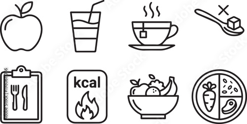 Healthy diet line icons set, nutrition and weight loss vector elements, calorie counting and balanced meal plan symbols for wellness apps