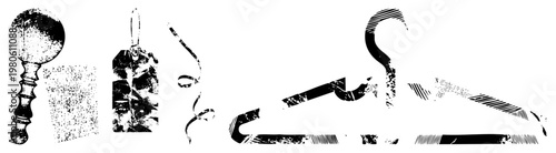 Black and white vector of classic baby rattle, price tag, ribbon, and clothes hanger, stylized with halftone texture and distressed effect, isolated graphic elements.