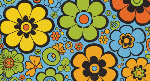 Retro floral pattern with bold, stylized flowers in vibrant yellows, oranges, greens, and blues on a sky-blue background