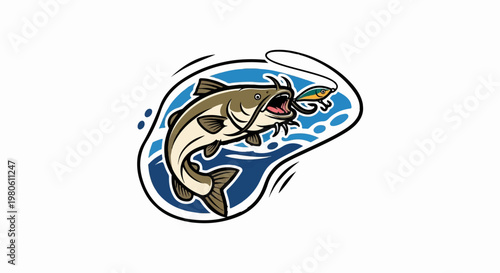 A cartoon catfish leaps from blue waves to catch a colorful fishing lure
