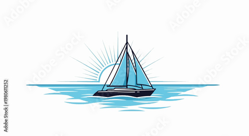 A sailboat glides across turquoise waters under a radiant sunburst sky