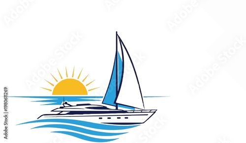 A sailboat glides across the ocean waves under a bright, setting sun