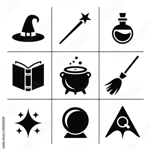 Witch icons grid set, hat wand potion spell book cauldron broom star sparkle moon, halloween elements, silhouette vector, magic design