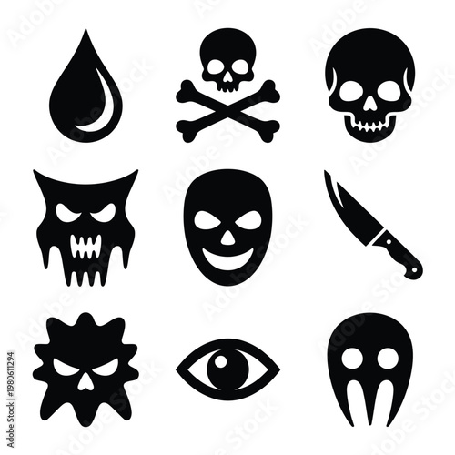 Horror icons set, blood drop skull bones demon mask knife eye ghost mask, halloween party elements, silhouette vector, costume design