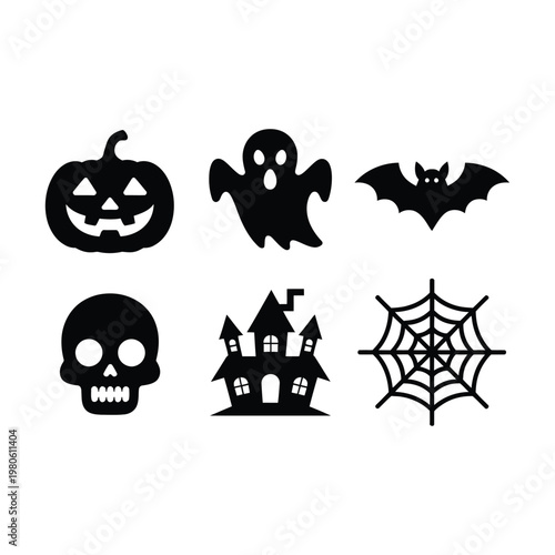 Classic Halloween silhouettes, pumpkin face, ghost spirit, bat flying, skull head, spider web, spooky night icons, autumn celebration vector pack
