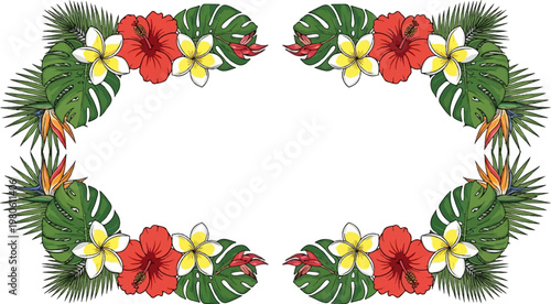 Ornate tropical floral frame with hibiscus, plumeria, and bird of paradise flowers