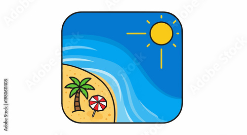 A cartoonish island paradise with a palm tree, umbrella, and sunny blue ocean