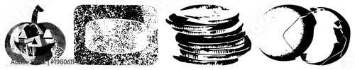 Vector halftone illustrations of a jack o lantern, textured plate, pancake stack, and sushi rolls, all in black and white with bold and dot.