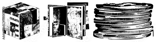 Stylized black and white vector textured cube, open book with pages, stacked coins with ridges. Graphic design elements for financial or educational themes.