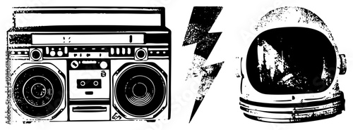 Vintage boombox with cassette deck, astronaut helmet, stylized lightning bolt, 80s nostalgia, space theme, pop culture, black and white vector art.