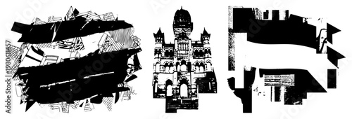 Stylized black and white architectural sketches, fragmented building forms, gothic, vector art, urban decay motifs, graphic design elements.