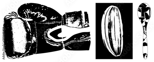 Stylized boxing gloves with gritty texture, elongated seed pod, spoon, vector art, graphic design elements.