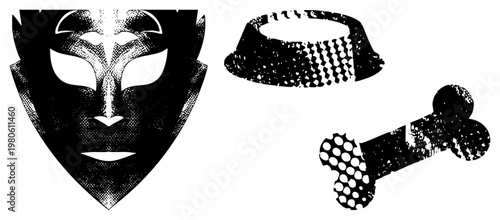 Black and white halftone dog bowl, bone, and tribal mask, vector graphic, pet supplies, animal symbols, graphic design elements, isolated assets.