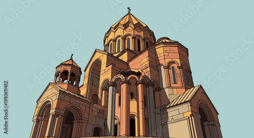 A grand stone cathedral with a central dome and cross, featuring arched windows and a sky