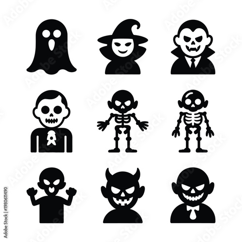Halloween monster silhouettes, ghost shape, witch profile, vampire grin, skull head, skeleton body, creepy clown, spooky icons, horror vector set