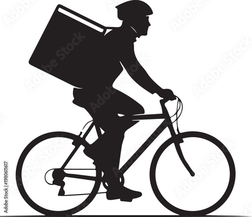 Black silhouette of a man riding a bicycle with a box on his back