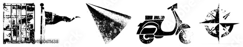 Grunge style vector including shipping container, waving flag, sail, scooter, compass rose all with distressed halftone texture, ideal for retro UI or travel branding.