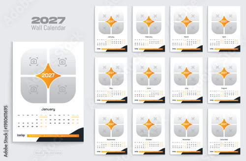 2027 wall calendar template featuring monthly layouts with placeholder frames and year designation in orange and gray tones keywords: calendar, 2027, wall, template, monthly, layout, planner