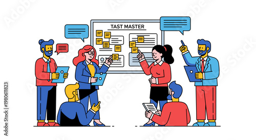 Diverse professionals collaborate around a task management whiteboard, discussing project goals and strategies with speech bubbles and clipboards, utilizing a vibrant blue, red,