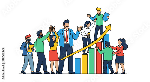 Diverse team celebrates upward business growth, high-fiving with enthusiasm and collaboration, ascending a vibrant bar chart with a golden arrow signifying success and progress.