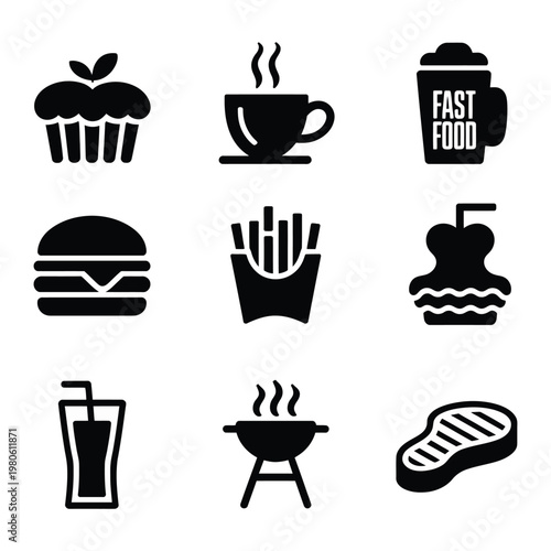 Fast food silhouette icons, burger fries drink grill and steak symbols, summer barbecue party flyer, street food festival vector design