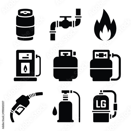 Gas storage and filling icons, cylinder set, nozzle hose, pipeline joint, pump unit, gauge meter, safety training session vector silhouette