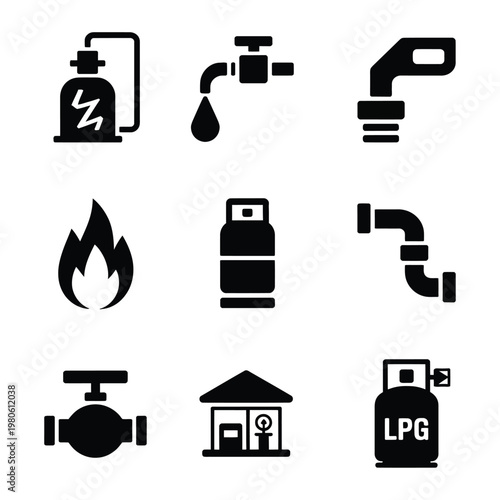 Pipeline equipment and gas safety icons, faucet leak, flame, cylinder storage, pressure valve, house meter, LPG supply, industry silhouette vector