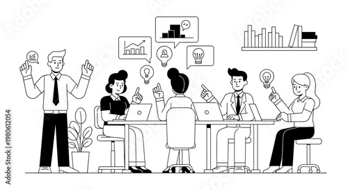 Diverse team collaborates on project ideas, brainstorming growth strategies, sharing insights, and developing innovative solutions around a table with laptops and lightbulbs