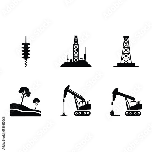 Oilfield extraction icons set, pumpjack operation, hillside pad, nodding donkey units, production well, terrain profile, geology workshop vector silhouette