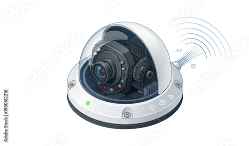 Dome security CCTV camera with monitoring signal vector illustration isolated on white background for surveillance concept