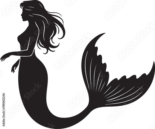 Black silhouette of a mermaid with long hair white background