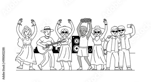 Diverse group of happy people enjoying outdoor music festival, dancing, playing guitar, holding flowers, taking selfies, with speakers, showcasing community, celebration, and joy